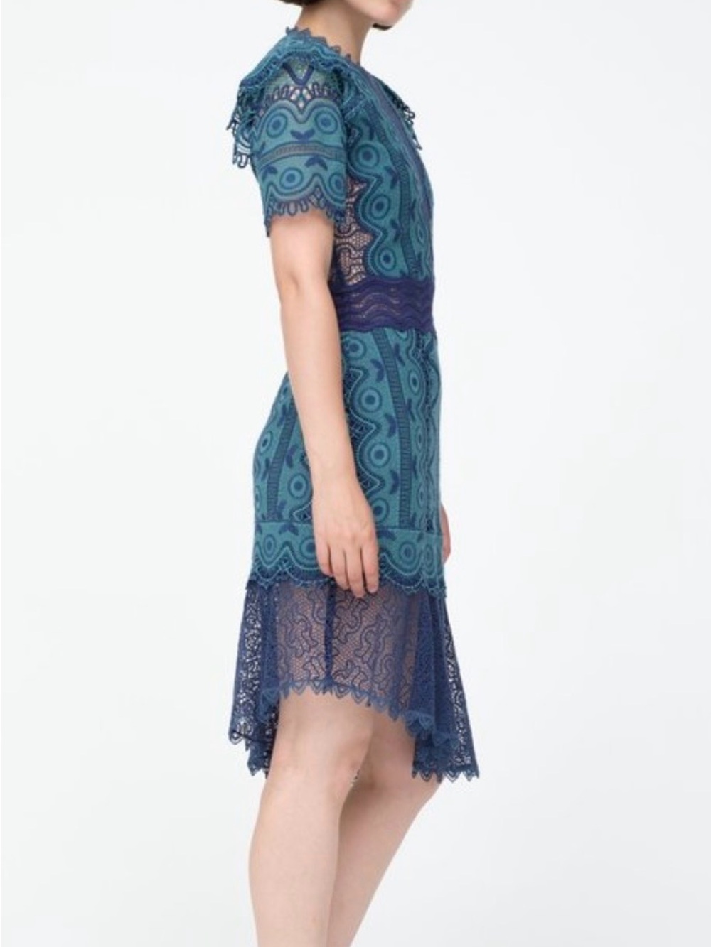 Sea New York Teal Navy Lace Mini Dress Size 8 Crochet Asymmetrical Boho Cocktail - Picture 4 of 11